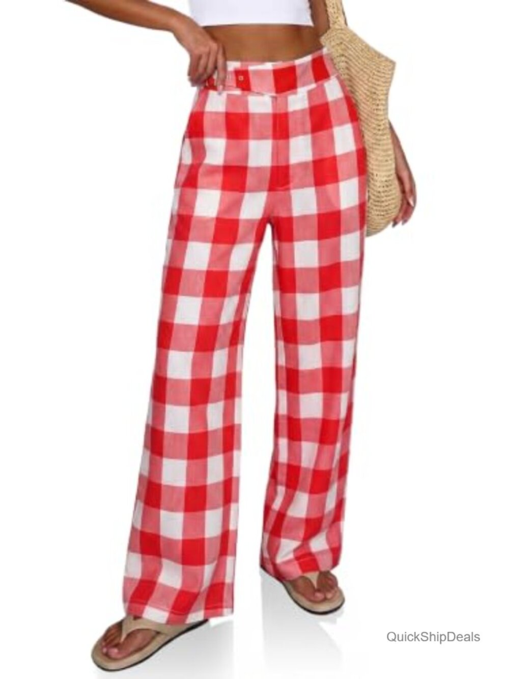 Wide Leg Plaid Palazzo Pants, High Waisted Baggy Trousers, Elastic Waist, 97%